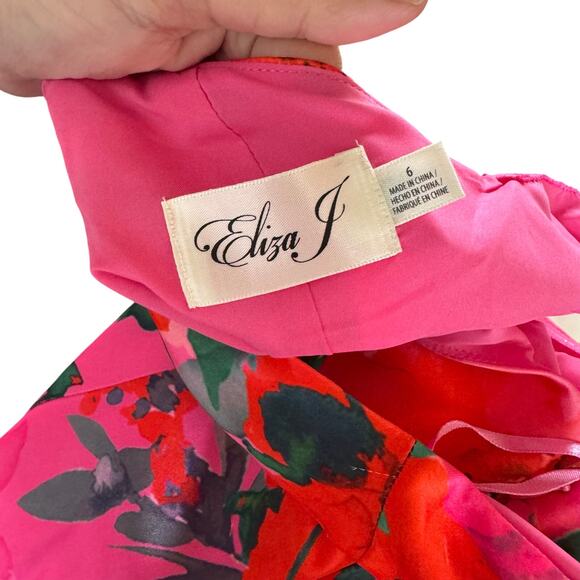 NWT Eliza J Petite Floral Satin Asymmetric-Hem Midi Dress Pink Multicolor Size 6 - Picture 9 of 9